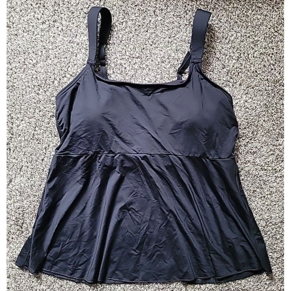 Lands' End Black LARGE 14-16 Swim Top Tankini Flutter Hem Solid Padded S98